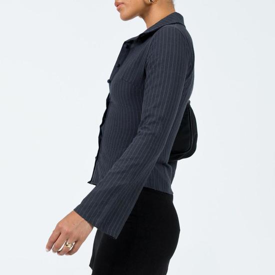Women Shirt Lapel Long Sleeve Striped Print Shirt Buttons Placket Slim Fit Versatile Tops Daily Wear