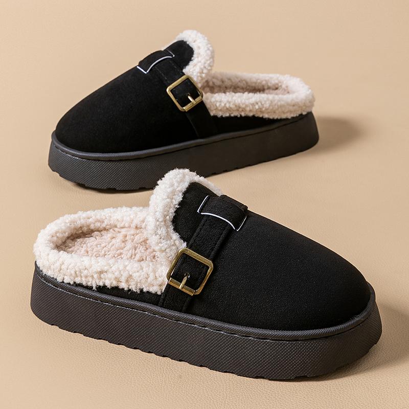 Fashion Outdoor Faux Suede Plush Slippers for Women 2025 Winter Warm Platform Boken Slippers Woman Thick Sole Non Slip Home Slides