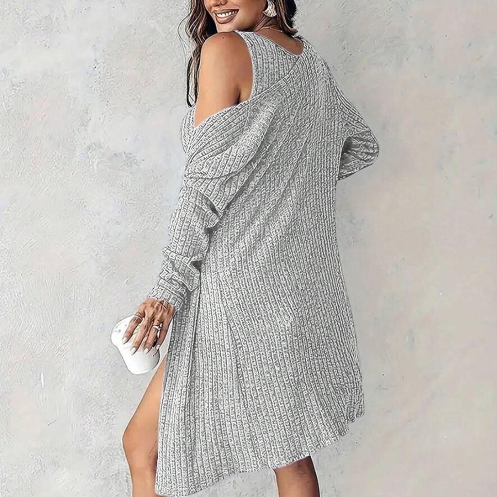 Women's  Piece Outfit Ribbed Knit Long Sleeve Open Front Cardigan And Bodycon  Dress Set