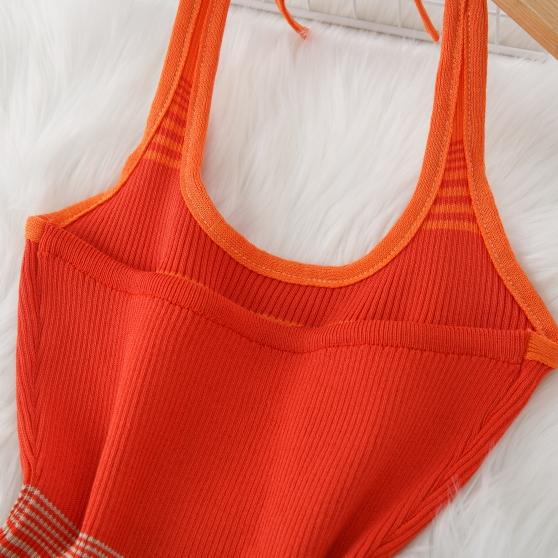 Estate Donna Elegante Lettera Halter Maglione Lavorato a Maglia Mini Corto Aderente Guaina Pullover Abiti