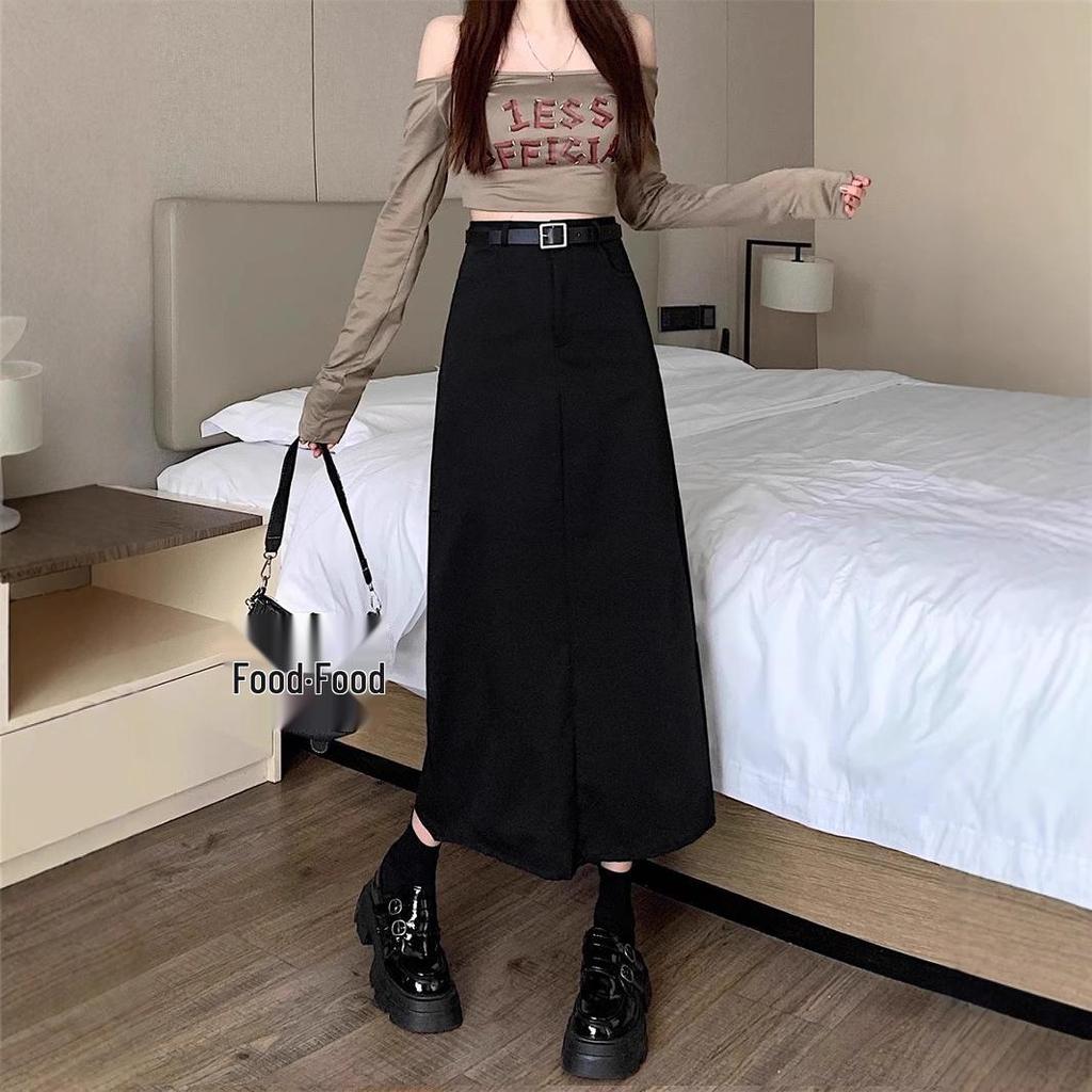 Plus Size Grey Casual Suit with High Waist Slimming Straight Midi Skirt, Versatile Long A-line Skirt for Women 2024