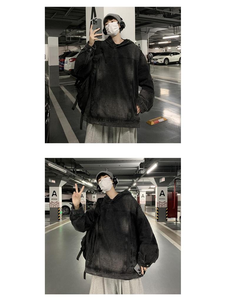 Men's Retro Denim Hooded Sweatshirt Jacket – Washed Distressed Look for Autumn/Winter