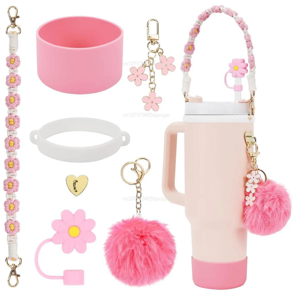 7Pcs /1Set for Cup Including Flower Straw Cover Cap for Straws Pom Chain and Silicone Boot for Cup Accessories