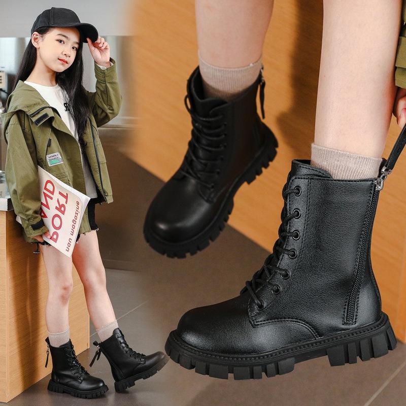 Winter 2025 Girls' Ankle Martin Boots with Velvet, Leather Princess Style for Little and Big Kids