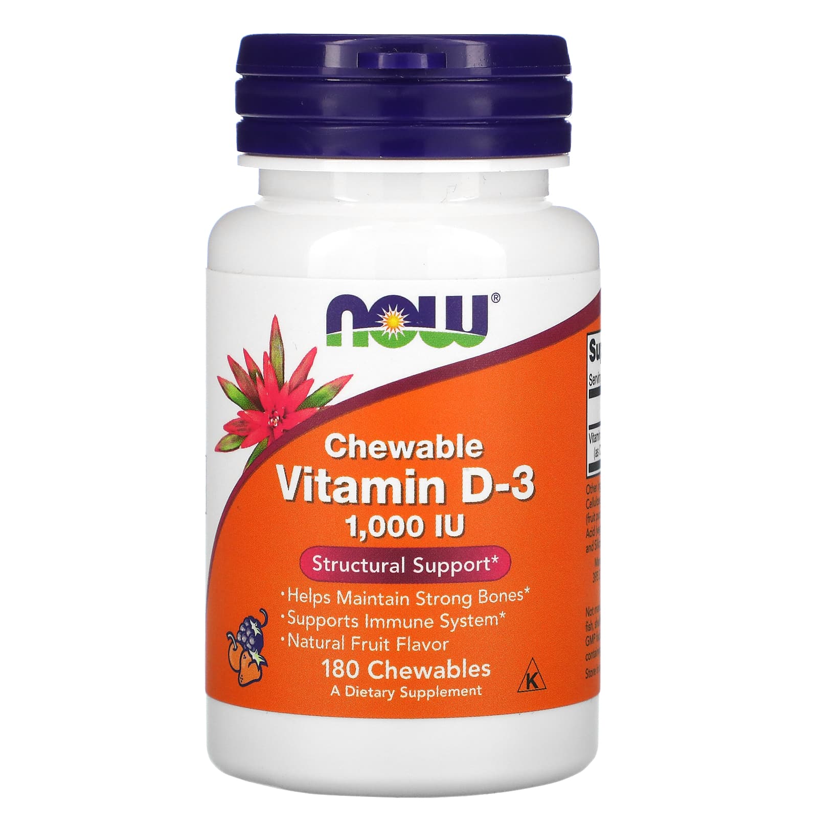 

NOW Foods, chewable vitamin D-3, natural fruit flavor, 1,000IU, 180 chewable tablets
