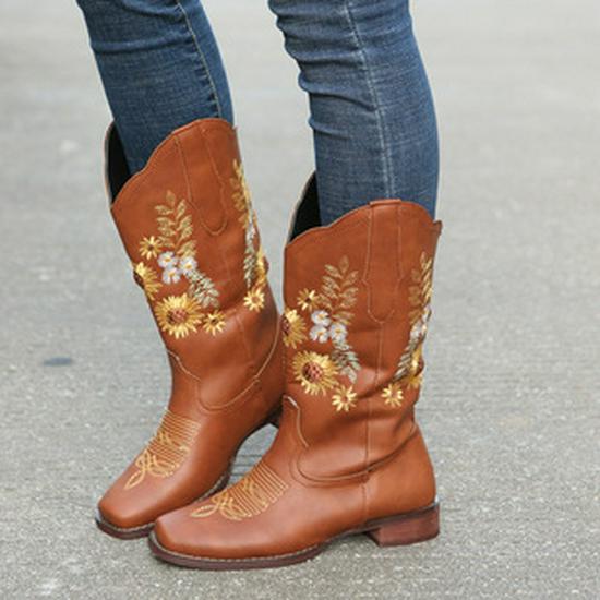 Bottes en cuir à tige haute et bout rond plat pour femmes grandes tailles automne/hiver 2021