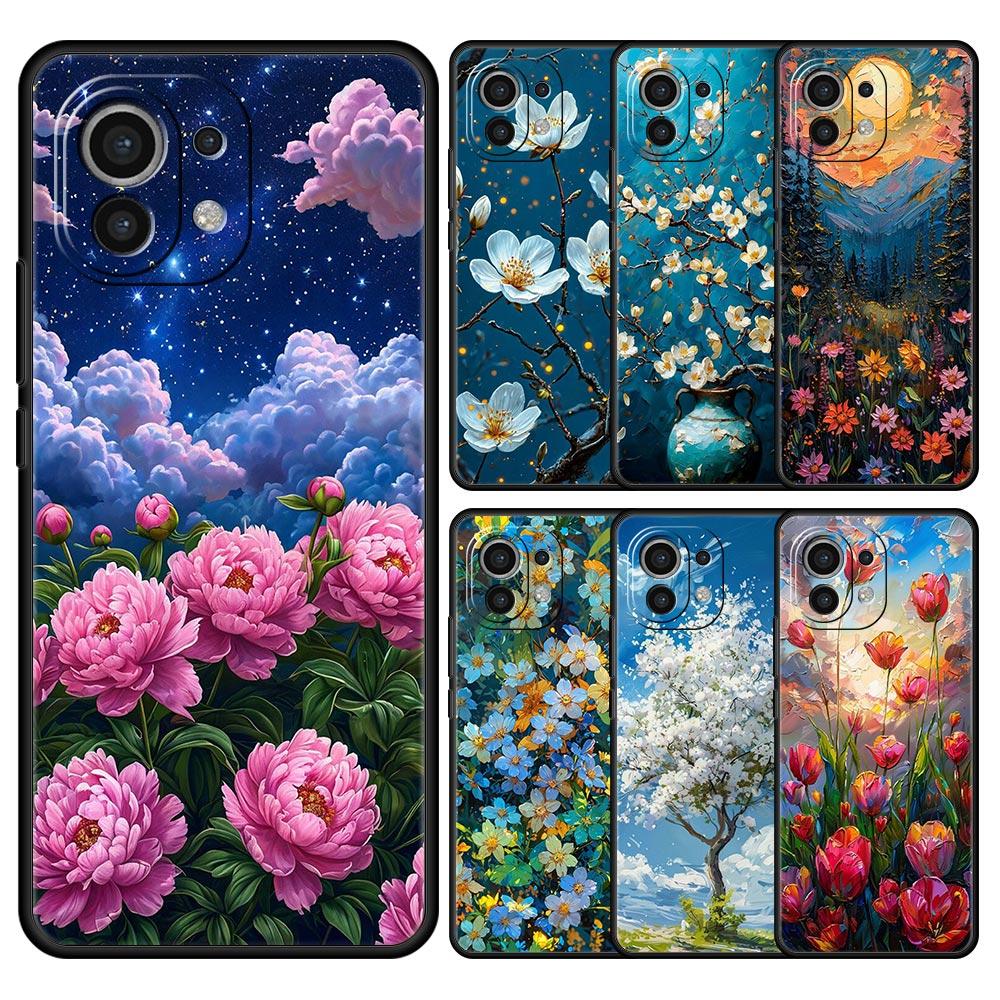 Phone Case For Xiaomi Mi 15 14 13 12 11 Lite 14T 13T 12T 11T Pro Poco X6 X5 X3 Pro F6 F5 F4 Oil Painting Of Flowers Black Cover