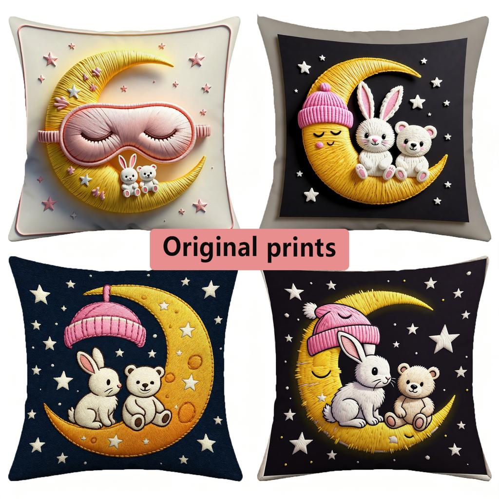 Cute Moon Bunny Bear Star Print Throw Pillow Covers Pattern Cushion Cover Suitable For Sofa Bedroom Car Pillow Cover