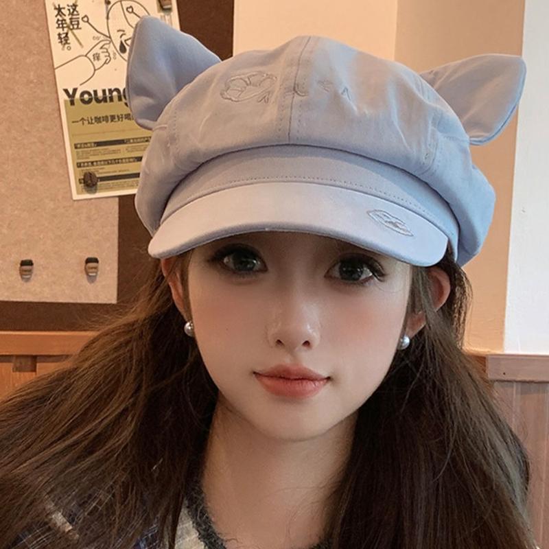 Korean Retro Cat Ear Octagonal Beret For Women Autumn And Winter Brushed And Warm