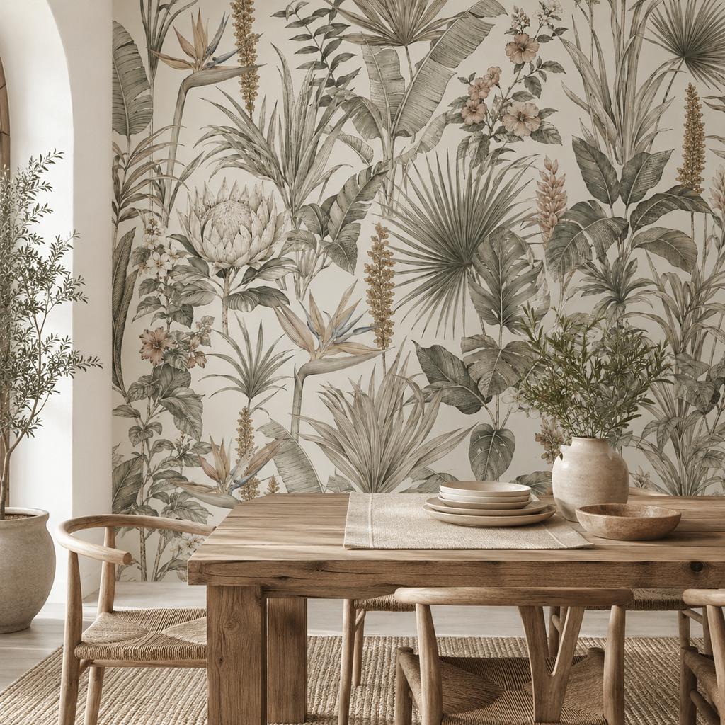 Vintage Tropical Botanical Wall Mural Wallpaper, Beige Jungle Leaves and Protea Flower Feature Wall Decor, Non Self Adhesive