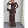 Women's Elegant Leopard Print Long Sleeve Round Neck Sexy Waist Tight Dress