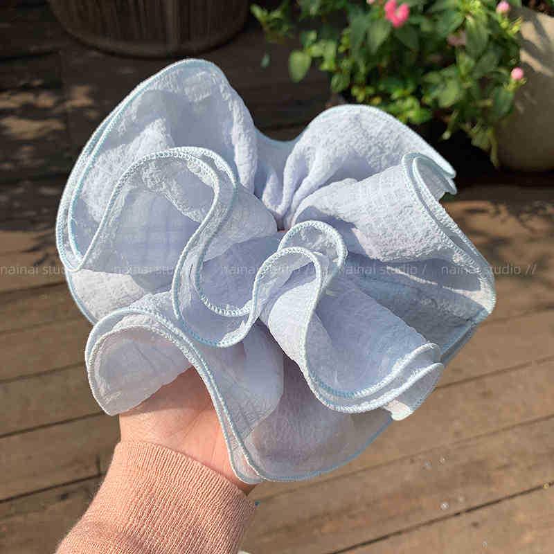 Elegant Korean Blue Striped Lace Trim Scrunchie