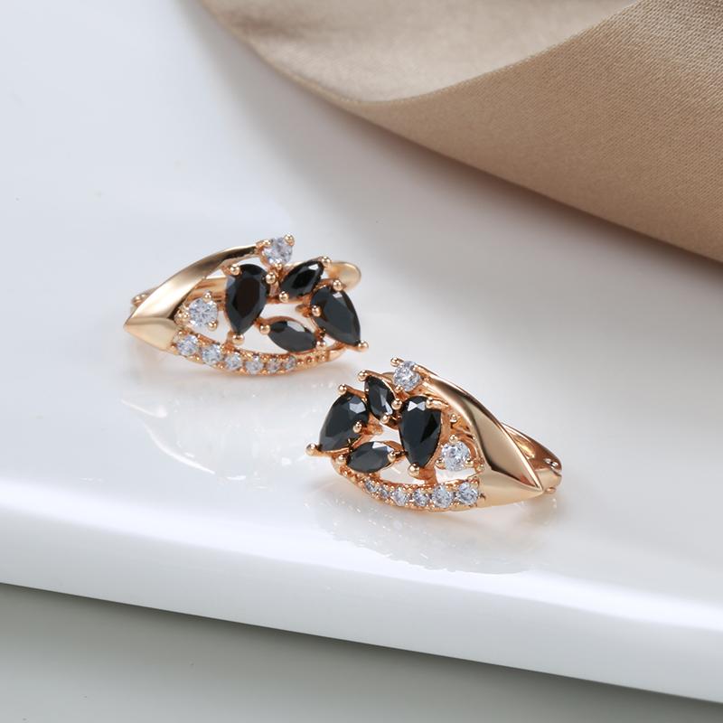 Kinel Shiny Black Zircon Rose Gold Color Drop Earrings For Women Luxury Fine Jewelry