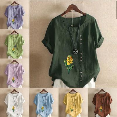 Women's Fashion Round Neck Short Sleeve T-shirt Casual Cotton Linen Graphic Shirt Leisure Loose Flower Prined Summer Blouse Tops