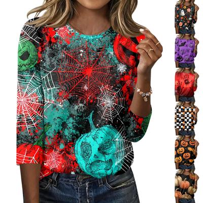 Women’s Casual Halloween Print Crew Neck Three Quarter Sleeve Floral Pattern T Shirt Top for Daily Wear Holiday Party