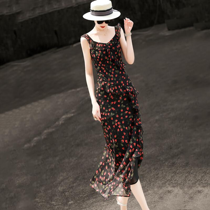 Elegant French Floral Chiffon Dress M