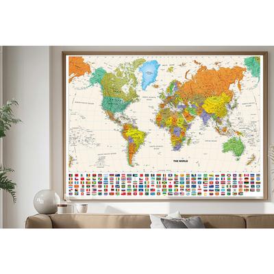 The World Map With National Flags,Unframed World Map,Political Geographic Wall Decor Educational Map Poster Prints Hanging Art Background Cloth