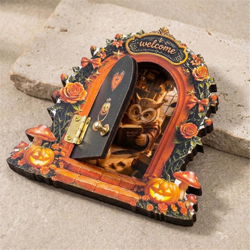 Wooden Indoor Halloween Arched Door Plaque Two Layer Sign with Round Adhesive Mounts for Party Entry Accent Use