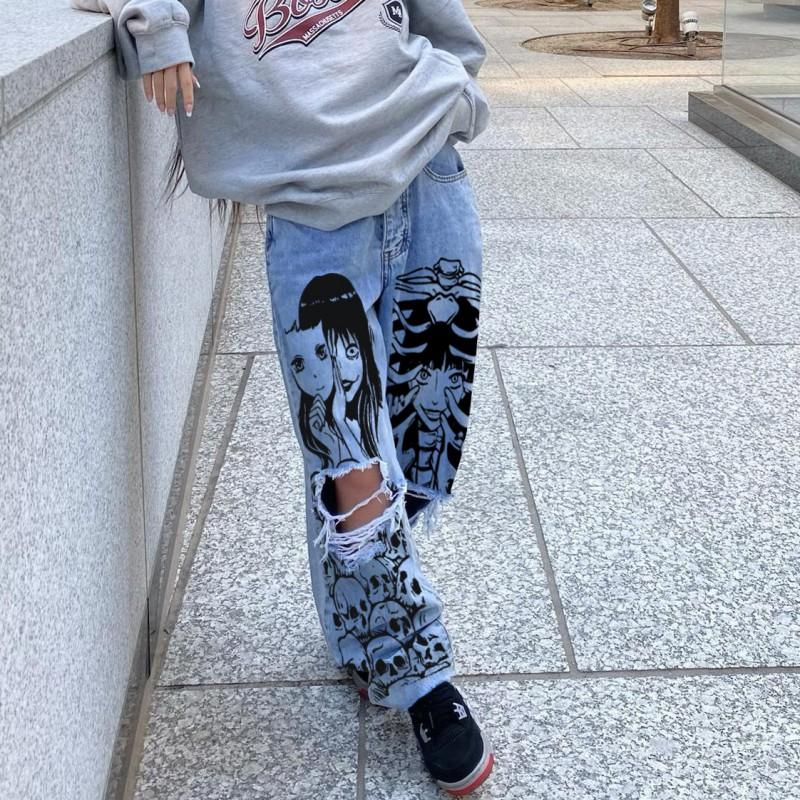 Dámské džíny s vysokým pasem a širokými nohavicemi, roztrhané, dlouhé, Streetwear, džínové kalhoty, velikost S-3XL