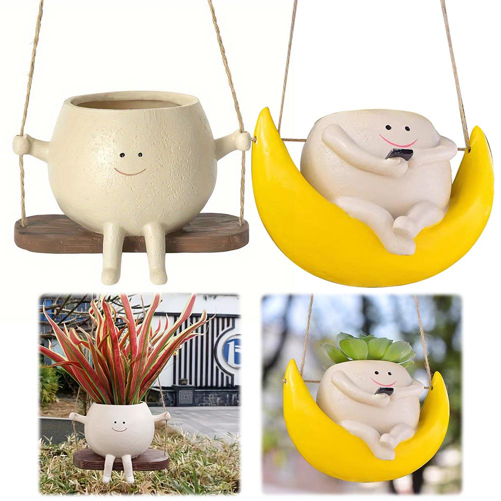 Hanging Hammock Planter Resin Hanging Swing Chair Planter Creative Smile Face Flower Container for Indoor Outdoor Plant