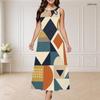 Women Plus Size Round Neck Triple Keyhole Sleeveless Geometric Printed Long Dress