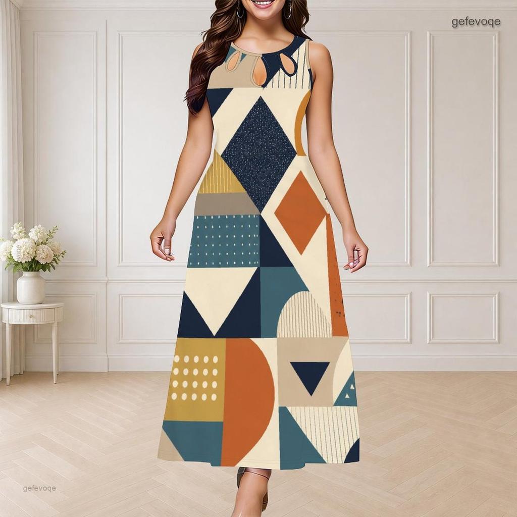 Women Plus Size Round Neck Triple Keyhole Sleeveless Geometric Printed Long Dress