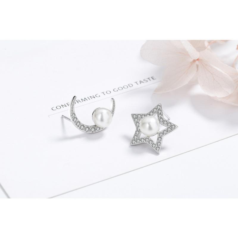 Zirkon Stern Mond Asymmetrische Ohrstecker für Damen Schlichte und Modische Stern- und Mond-Süßwasserperlen-Ohrringe