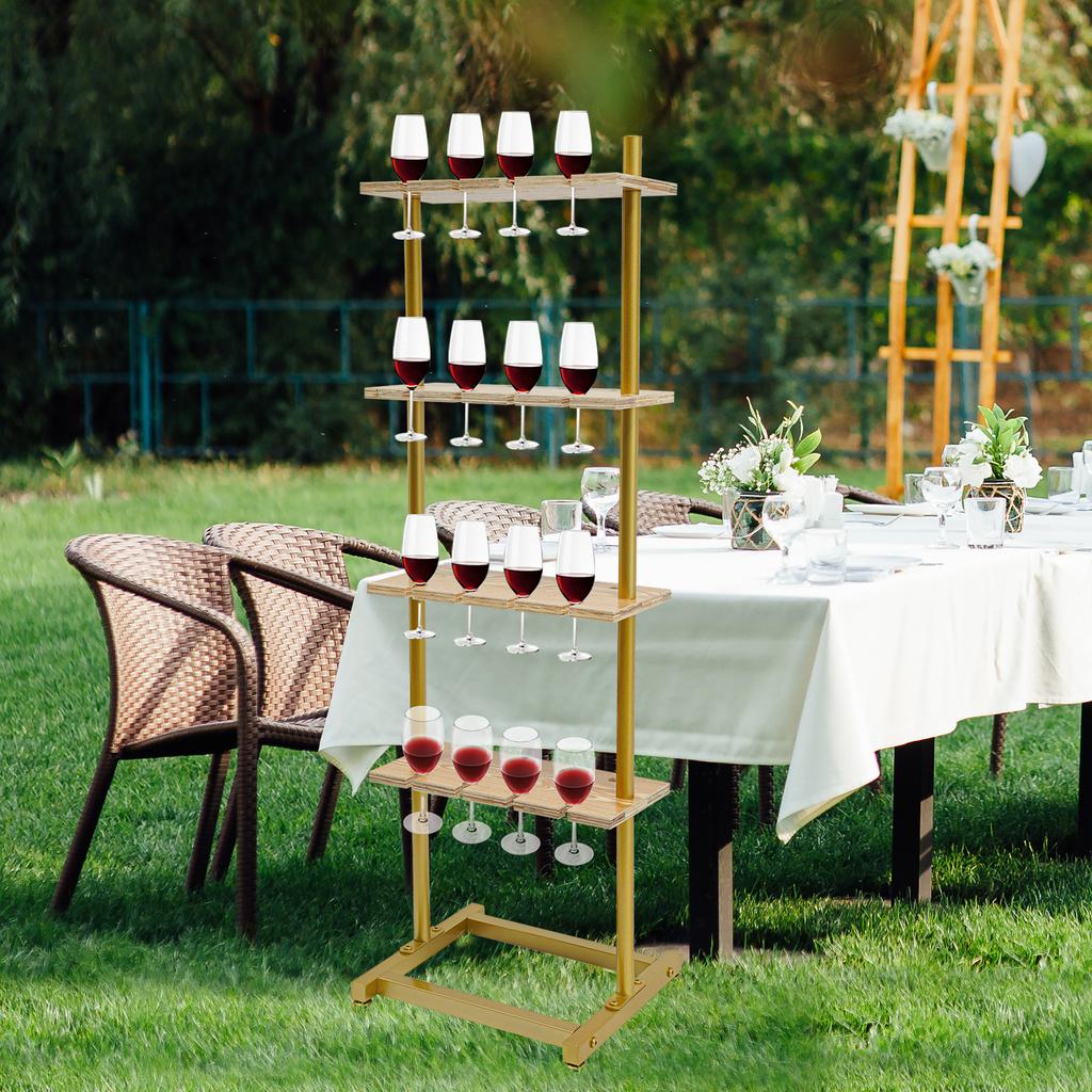 4 Tier Wooden Champagne Wall Rack, Gold Bar Glass Holder Stand, Floating Shelf for Party Wedding, Mountable Storage Organizer