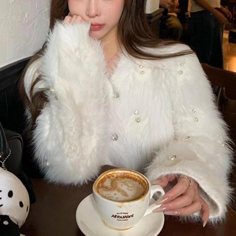 Damen Herbst/Winter Locker gestrickte Strickjacke mit Perlenknöpfen und Faux-Mink-Beschichtung