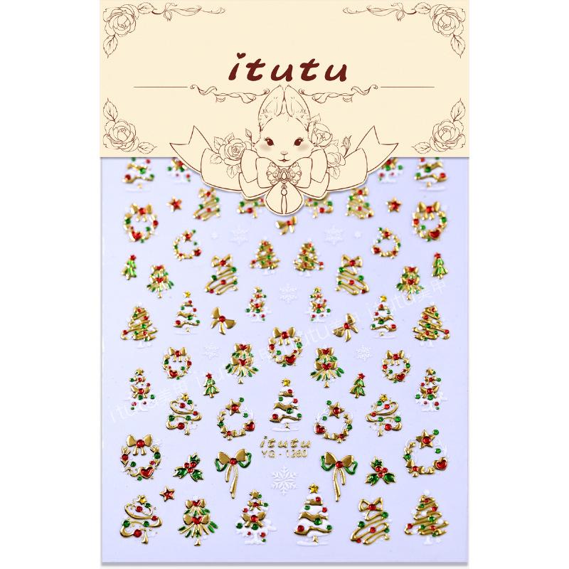 Itutu Christmas Nail Stickers: Colorful Trees, Wreaths, Snowflakes & Bows. Self-Adhesive, Hot Stamping Design for Festive Fingertips.
