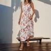 Women's Summer Floral Print Ruffle Dress Boho V Neck Button Sleeveless Waist Tie Tank Dress Vacation Beach Sundress
