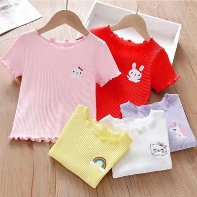 T-shirt a maniche corte per bambini Camicia con volant in seta di ghiaccio Camicia inferiore Ricamo in stile straniero per bambina Top Abbigliamento estivo