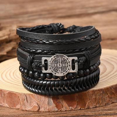 Fashion Retro Alloy Viking Bracelet Trendy Cool Men Leather Bracelet Hip Hop Style Accessories