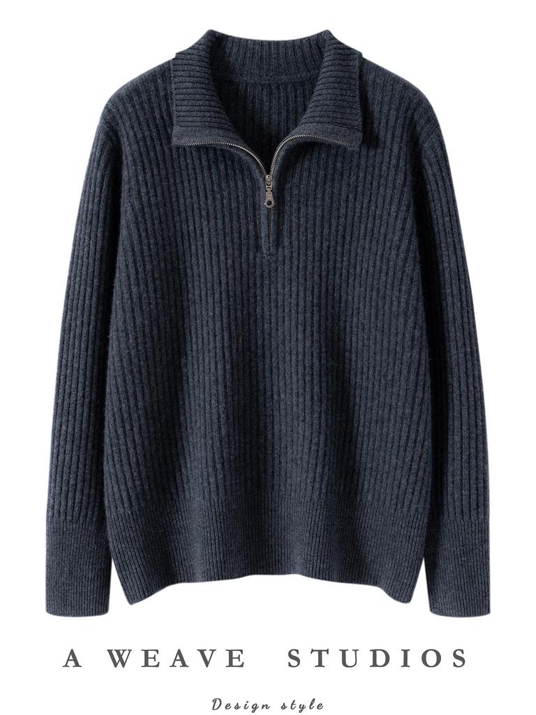 Elegant European Cashmere Lambswool Zip-Up Sweater for Women