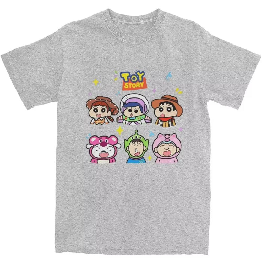 Herren Crayon Shin-chan X Toy Story Cartoon T-Shirts Baumwoll-Oberteile Sommer Vintage Kurzarm-T-Shirt