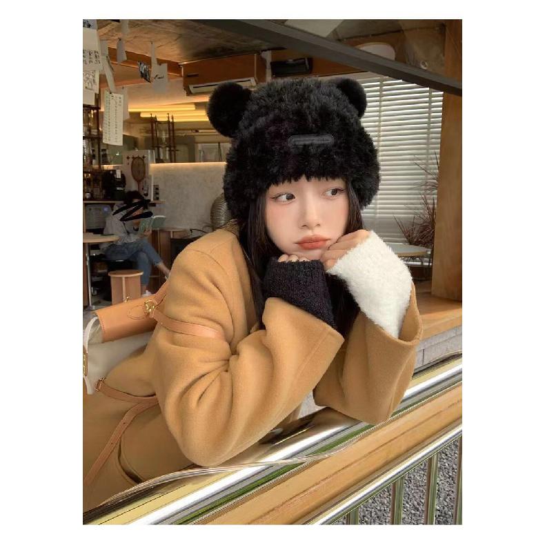 

Cute bear ear plush hat for women, warm and flattering for the face, sweet ear-protecting hat with large circumference, versatile for autumn and чёрный