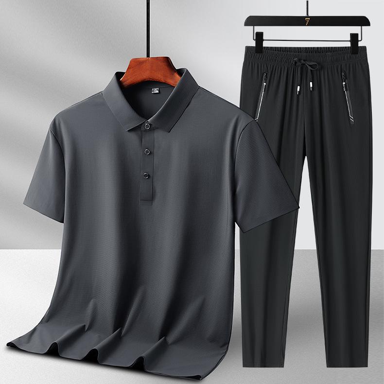 Men's Summer Ice Silk Two-Piece Set: Short Sleeve Top & Long Pants - Casual Sportswear for Father's Day Gift