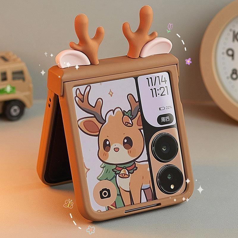 Flip Cute Case For Samsung Galaxy Z Flip 6 5/Xiaomi Mix Flip/Oppo Find N3 N2 Flip/Motorola Razr50 Case 3d Lantler Elk Funda Brown Cover