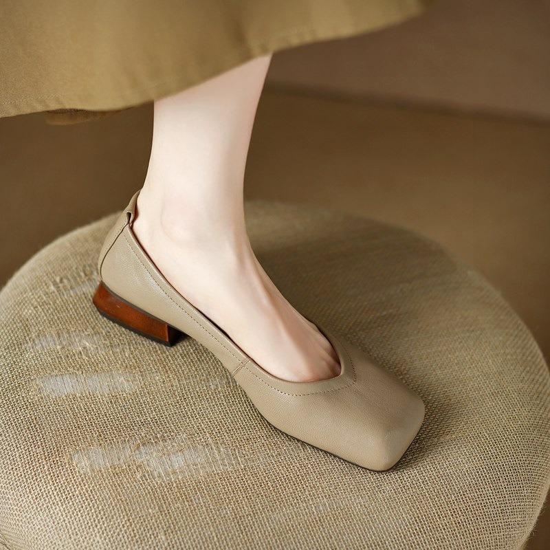 Módní boty pro ženy Elegantní lodičky se čtvercovou špičkou Měkká kůže Silný nízký podpatek Podzimní dámská obuv Neformální Jednobarevné Mělké lodičky s podpatkem Ženy