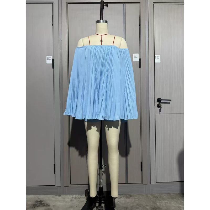 

Fashion New Arrival Pleated off Shoulder Tops Shorts Suit off Shoulder Top and Shorts Set Sky Blue L