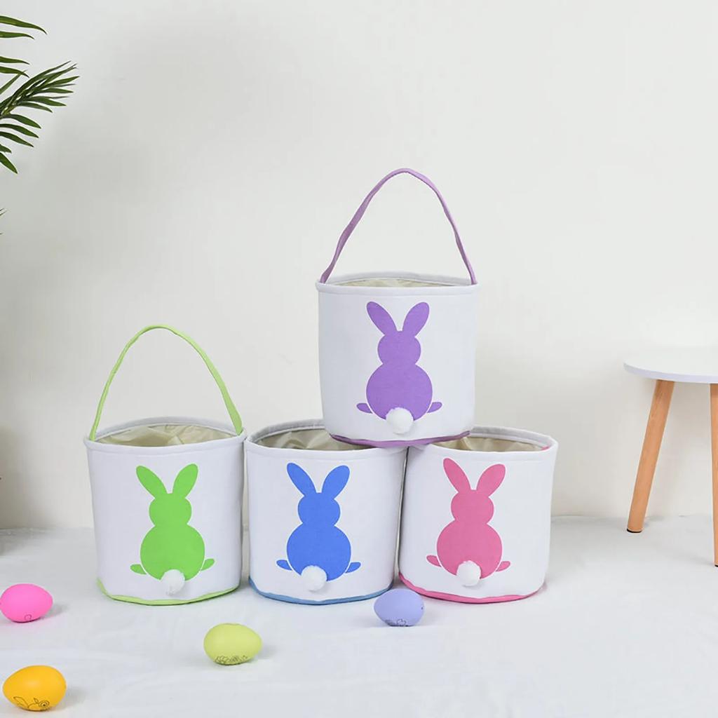 1pc Easter Bunny Ear Cute Rabbit Bucket Basket Canvas Rabbit Gift Bags With Plush Tail Easter Tote Bags For Easter Day