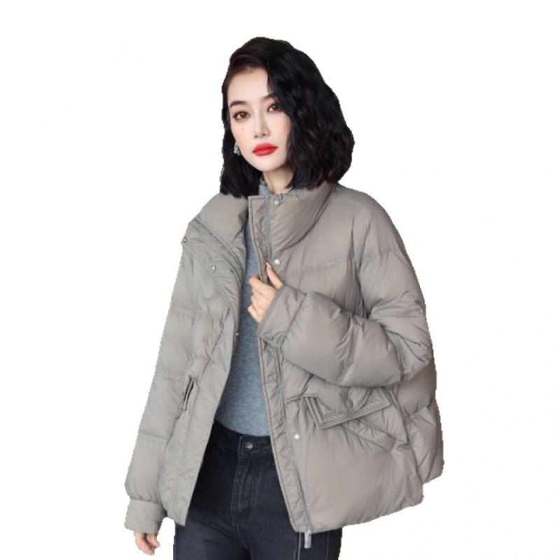Womens Short Puffer Jacket With Stand Collar Loose Fit Warm Winter Coat 65% Down Fill