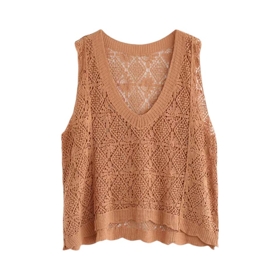 Women's Retro Knitted Sleeveless Cardigan: Hollow Out Vest for Spring, Summer, and Autumn - Loose Plus Size Fashion Top