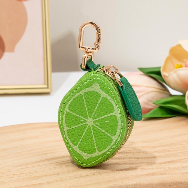 Cute Fruit Shape Mini Pu Leather Keychain Pouch, Lemon Banana Zipper Coin Earbud Storage Handbag Charm For Women Girls