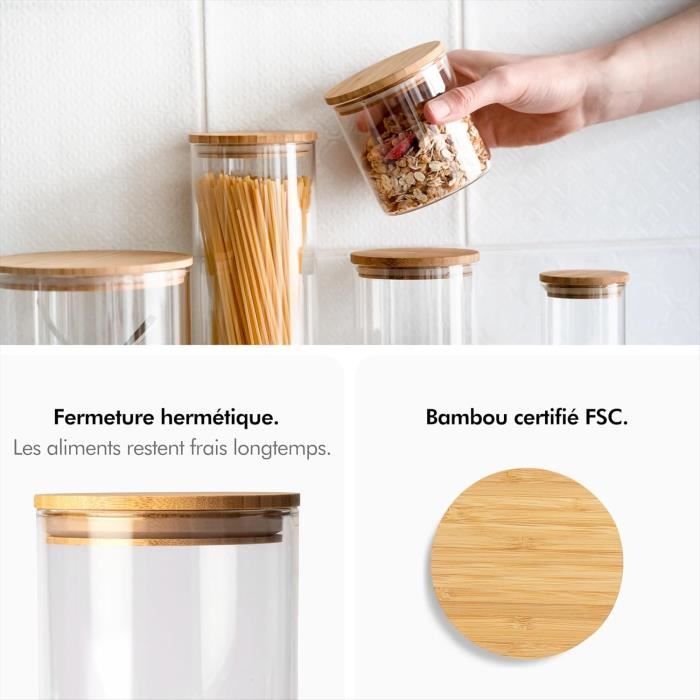 Bocaux en Verre Hermétique - KIVY - 4 x 600 ml - Couvercles en Bambou - Conservation Alimentaire - Durable