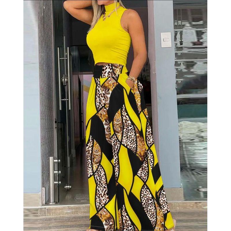 

Комбинезон без рукавов с принтом и широкими брюками, короткий топ без рукавов с принтом, свободный костюм с брюками Yellow M