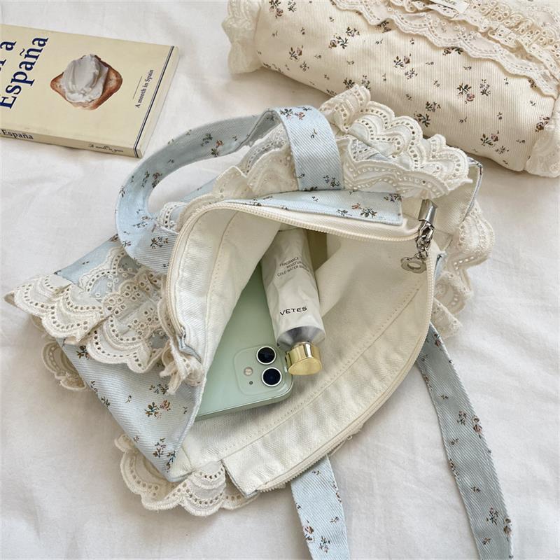 Cute Sweet Lace Floral Handbag Large Capacity Casual Commuting Tote Bag Portable Storage Bag Girl Heart Clutch Cosmetic Bag Gift