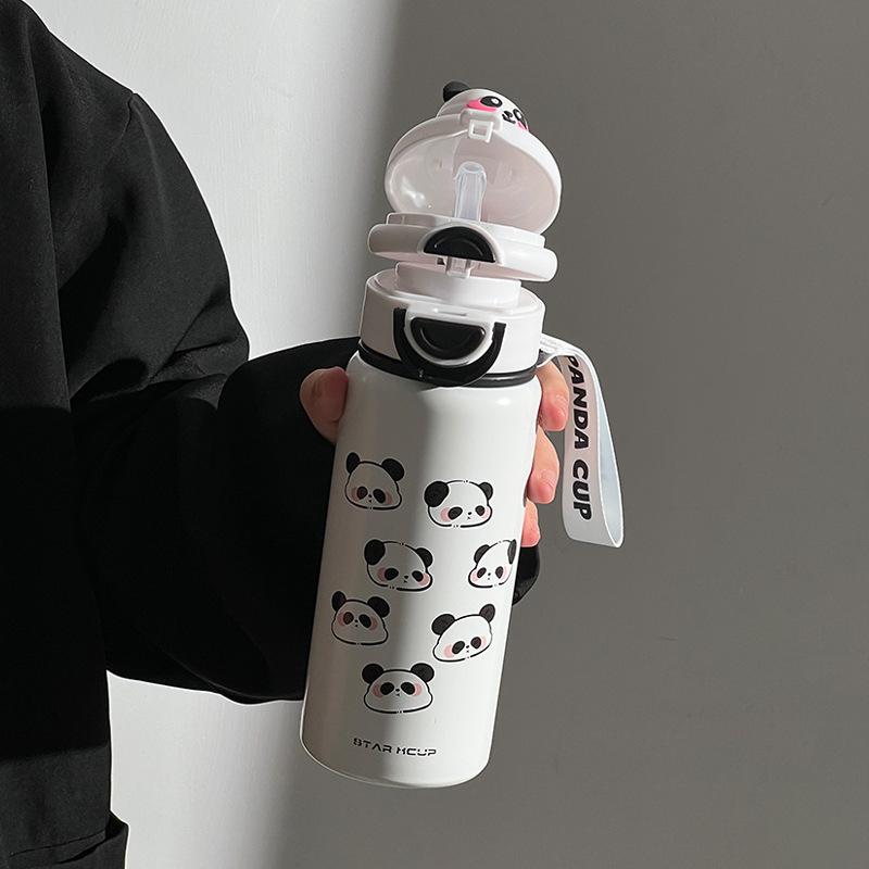 Neuer Thermosbecher mit hohem Erscheinungsbild und doppelter Getränkestärke, Cartoon-Edelstahlbecher, tragbarer Wasserbecher mit Strohhalm für den Außenbereich für Männer und Frauen