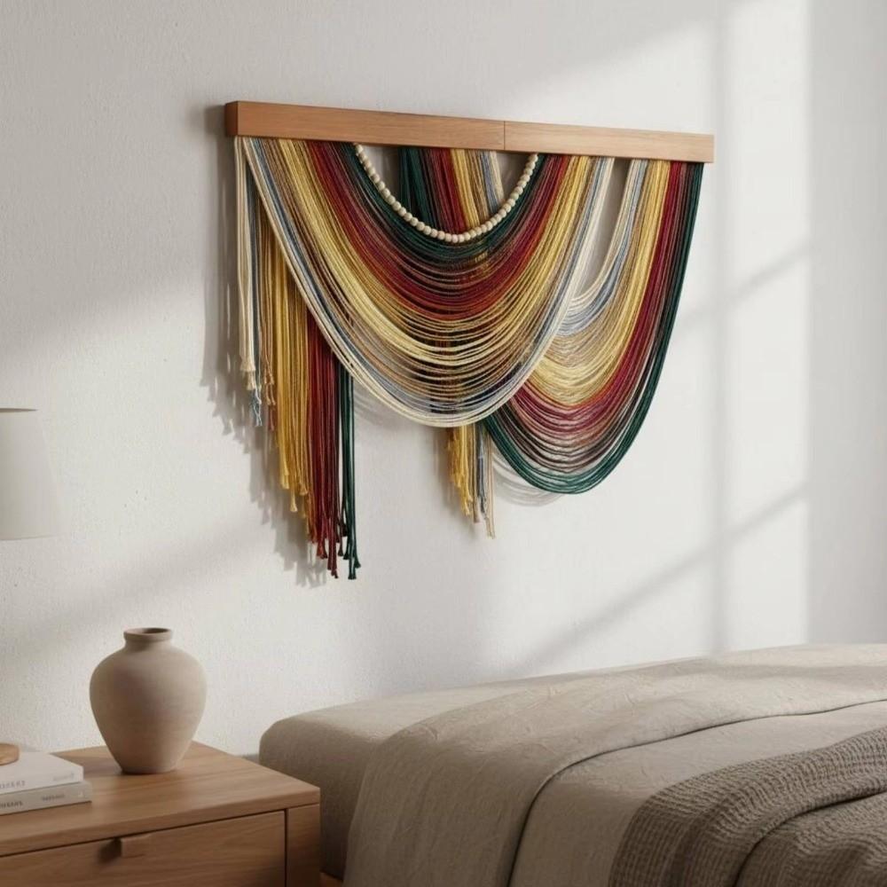 Wooden Bohemian Wall Decor Wall Art Aesthetic Handmade Tassel Tapestry Hand-Woven Cozy Handmade Macrame Wall Hanging Household