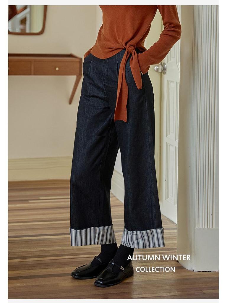 Women's Striped Patchwork Retro Wide-Leg Jeans: Slimming, Elastic Waist, Straight-Leg Pants for Spring